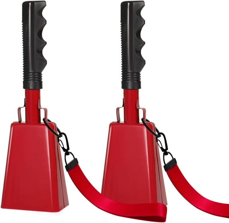 HEYLEAYAR 10Inch Cowbells with Handle for Sporting Events, 2Pcs Large Cow Bells with Wrist Straps, Loud Noise Makers for Cheering Football Games Spirit Marathon Weddings Party Noisemakers, Red - Image 1